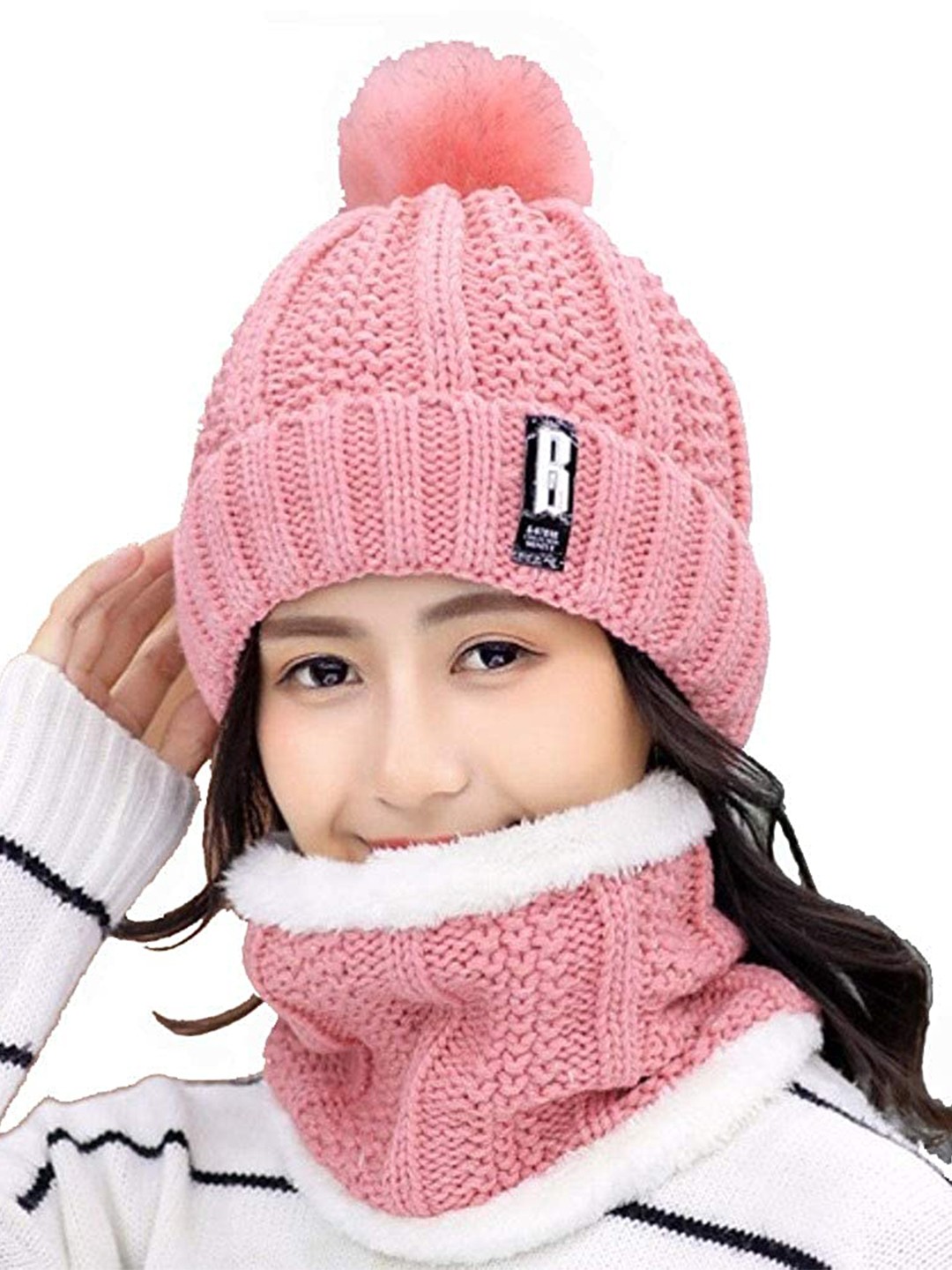 

Aadikart Women Pink & White Beanie & Neck Muffler