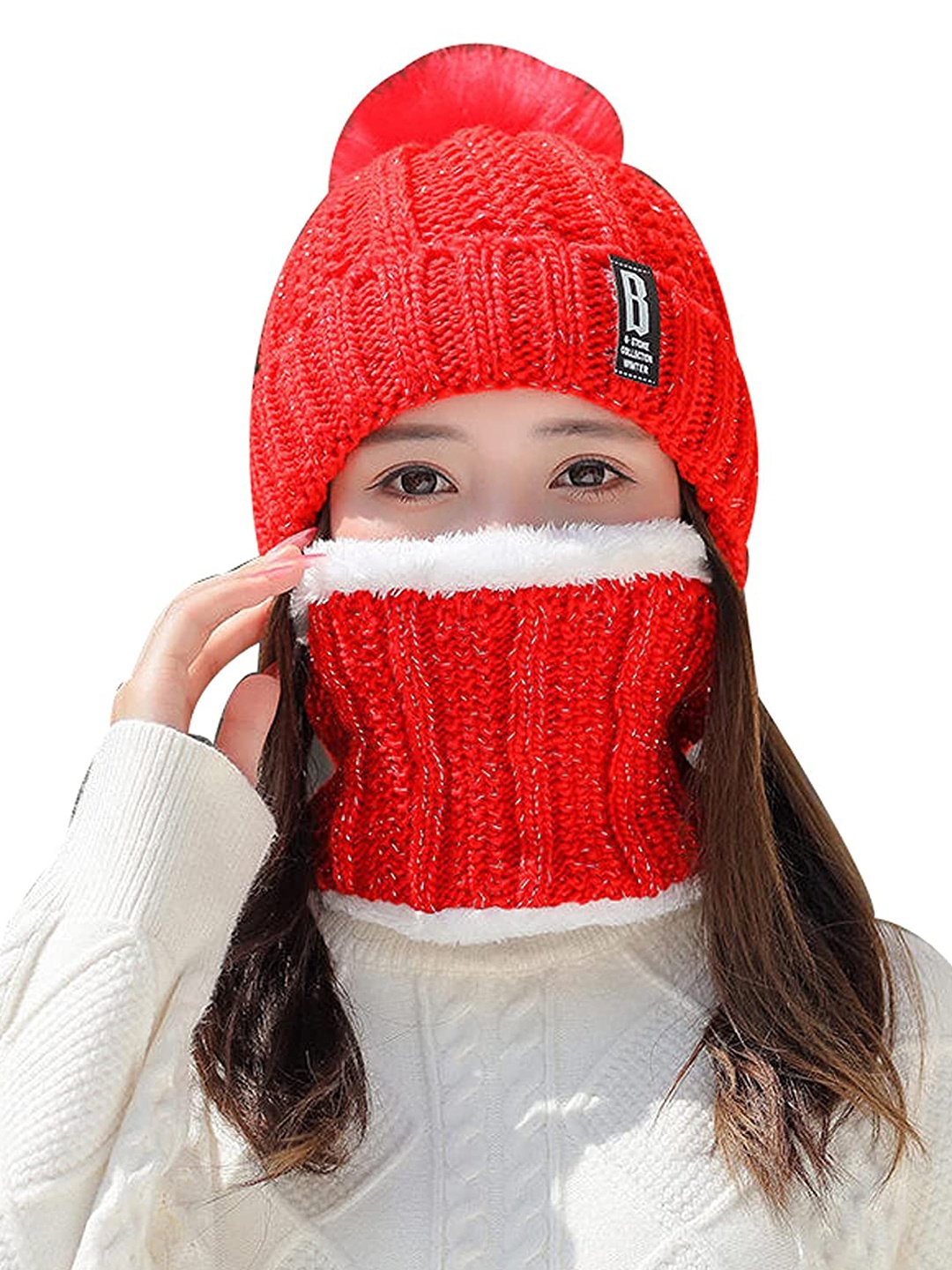 

Aadikart Women Red & White Beanie Neck Warmer with Touch Screen Wool Gloves