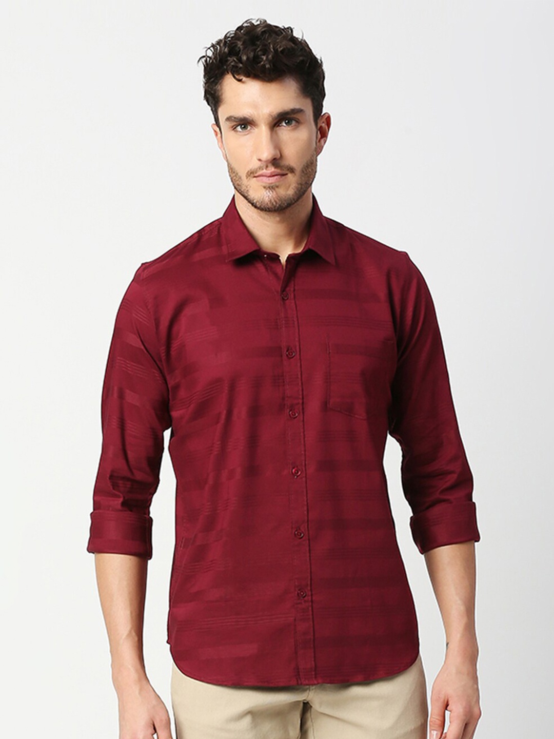 

Solemio Men Horizontal Stripes India Slim Fit Cotton Casual Shirt, Maroon