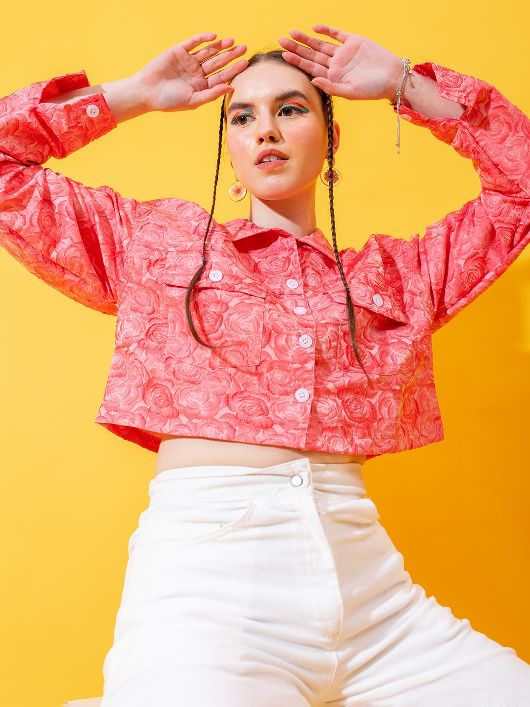 

Stylecast X Hersheinbox Women Floral Self Design Crop Tailored Jacket, Coral