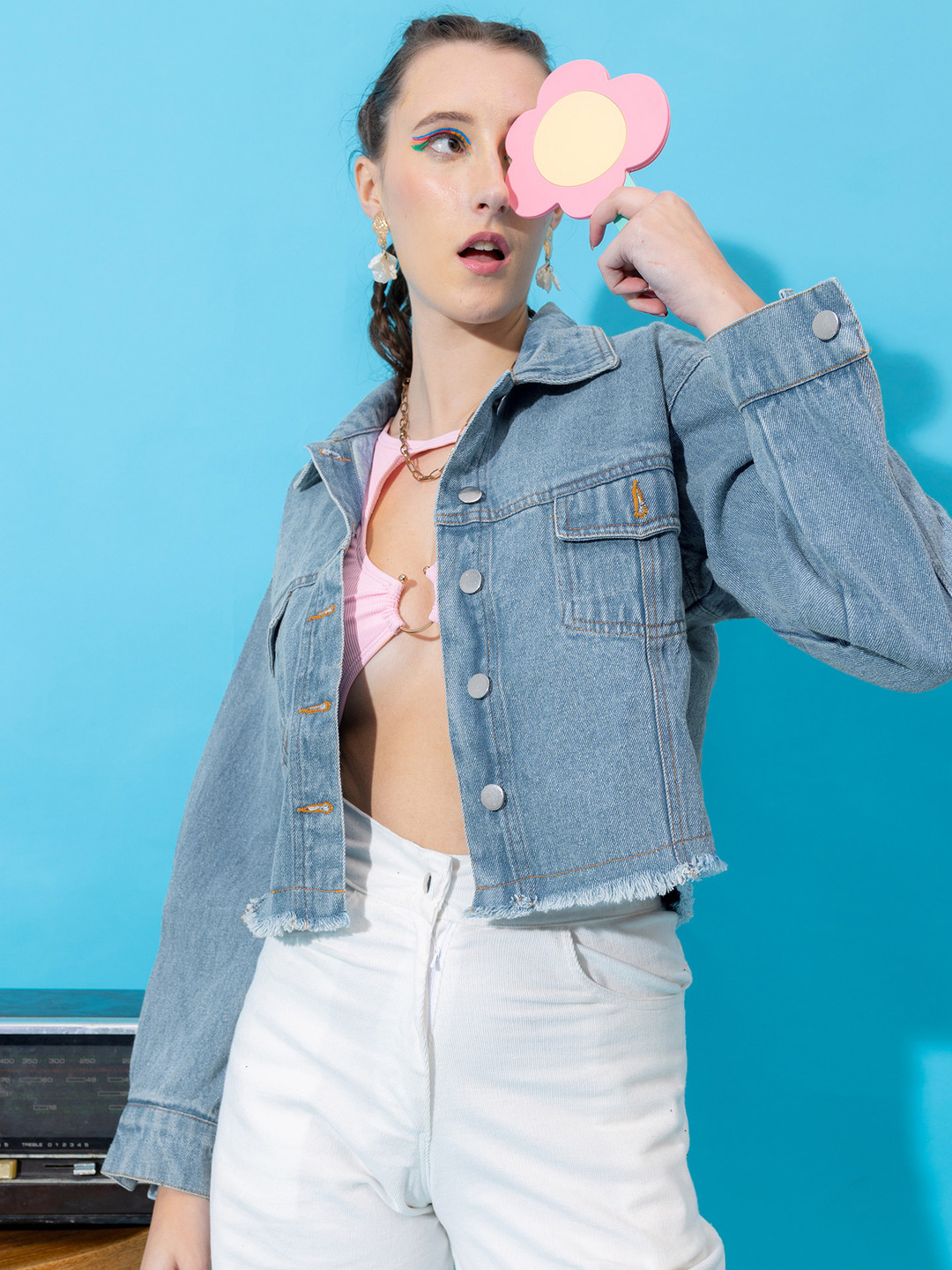 

Stylecast X Hersheinbox Women Cerulean Blue Barbie Printed Frayed Hem Denim Jacket