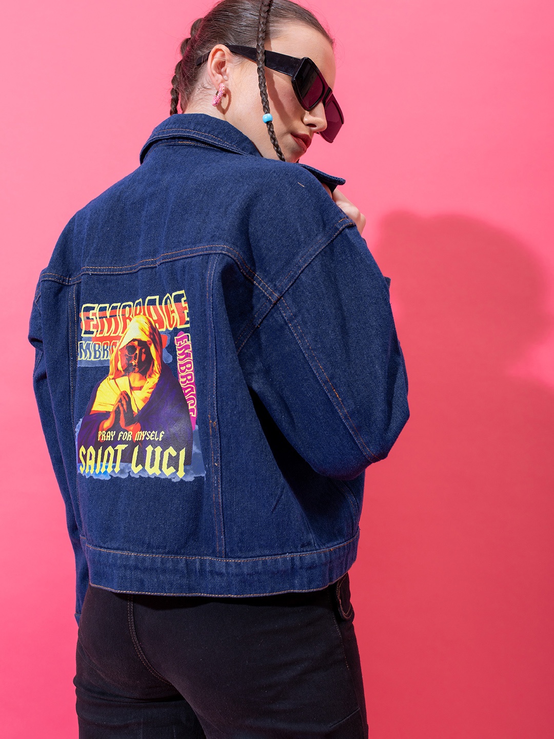 

Stylecast X Hersheinbox Women Graphic Printed Denim Jacket, Navy blue