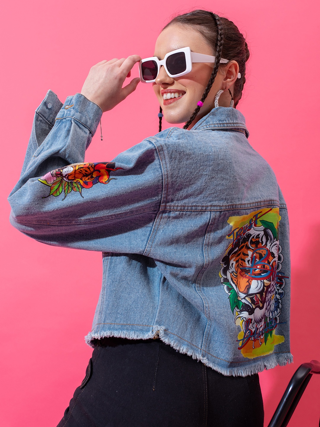 

Stylecast X Hersheinbox Women Graphic Printed Denim Jacket, Blue