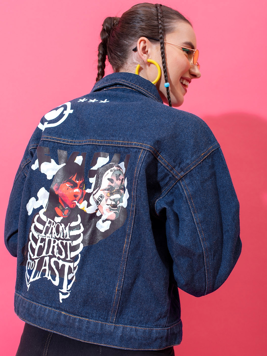 

Stylecast X Hersheinbox Women Graphic Printed Denim Jacket, Navy blue