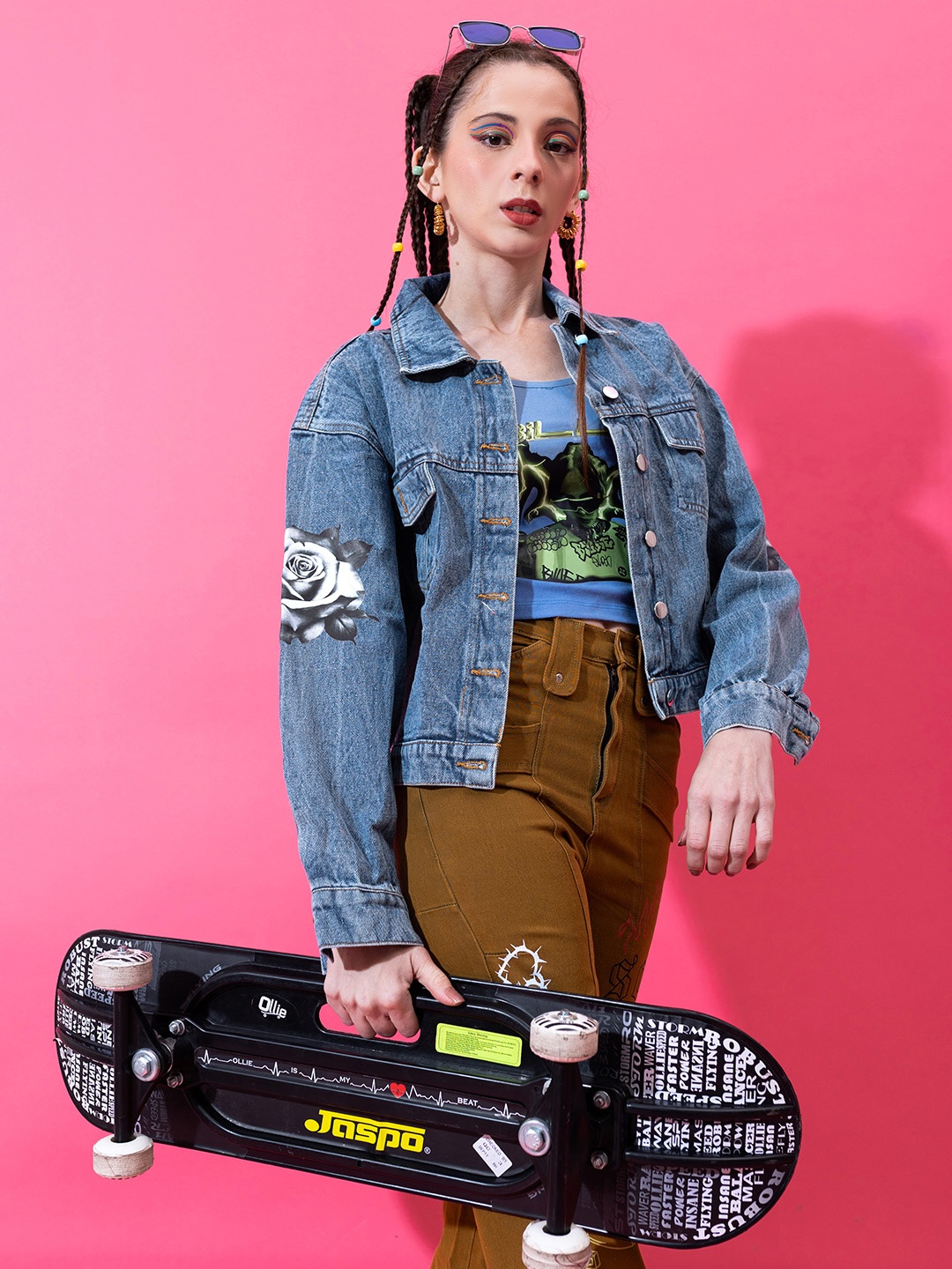

Stylecast X Hersheinbox Women Graphic Printed Denim Jacket, Blue