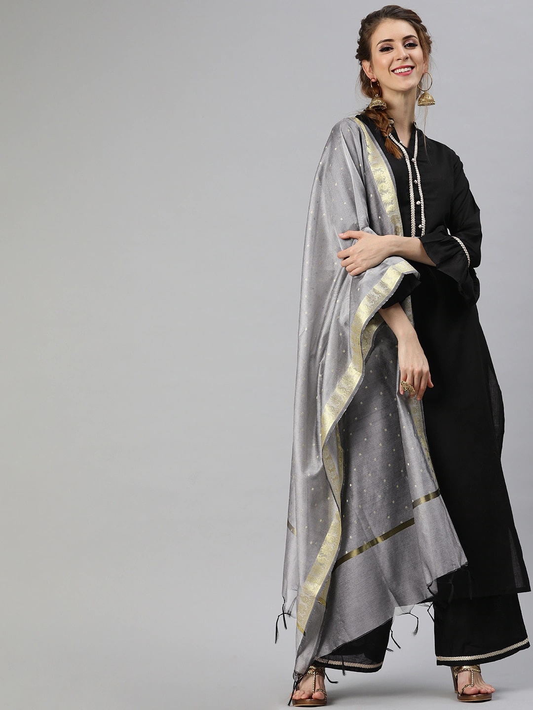 

Tulsattva Women Black Gotta Patti Pure Cotton Kurta with Palazzos & Dupatta