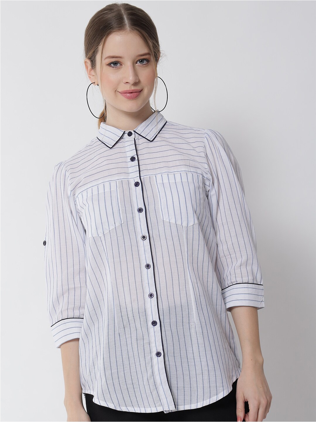 

Tulsattva Women White Classic Striped Cotton Casual Shirt