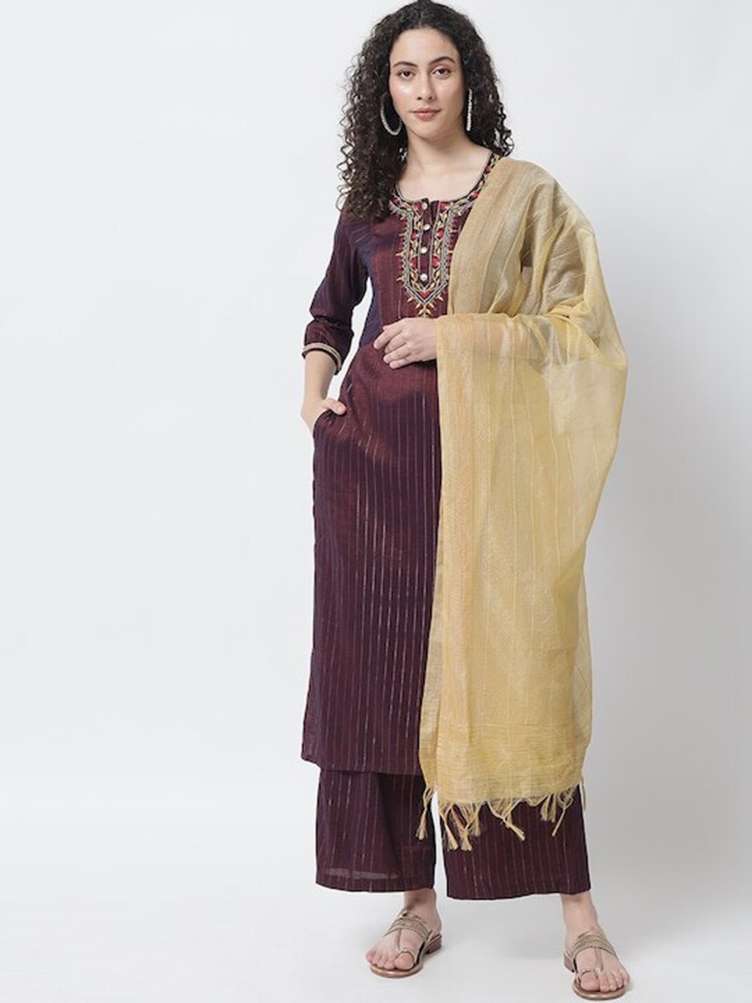 

Tulsattva Women Maroon & Beige Floral Self Design Kurta with Palazzos & Dupatta