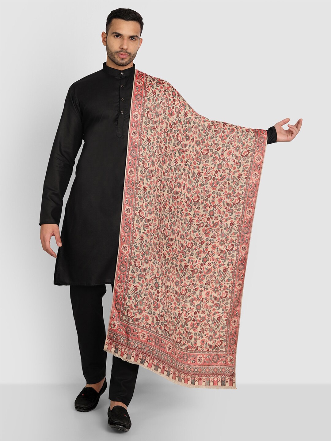 

Zamour Men Beige & Grey Floral Woven Design Stole
