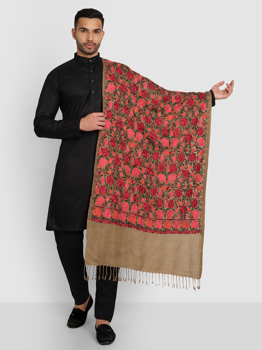 

Zamour Men Brown & Peach-Coloured Embroidered Kashmiri Stole