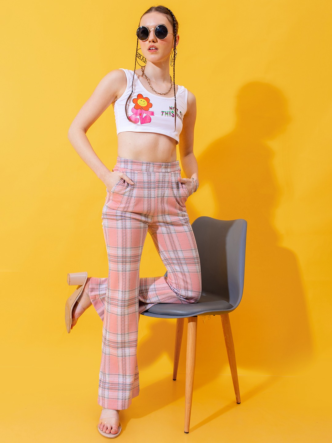 

Stylecast X Hersheinbox Women Checked Pleated Trousers, Pink