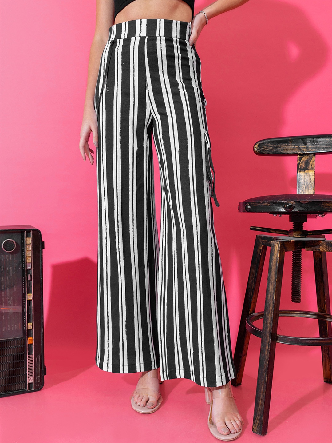

Stylecast X Hersheinbox Women Pure Cotton Striped Parallel Trousers, Black