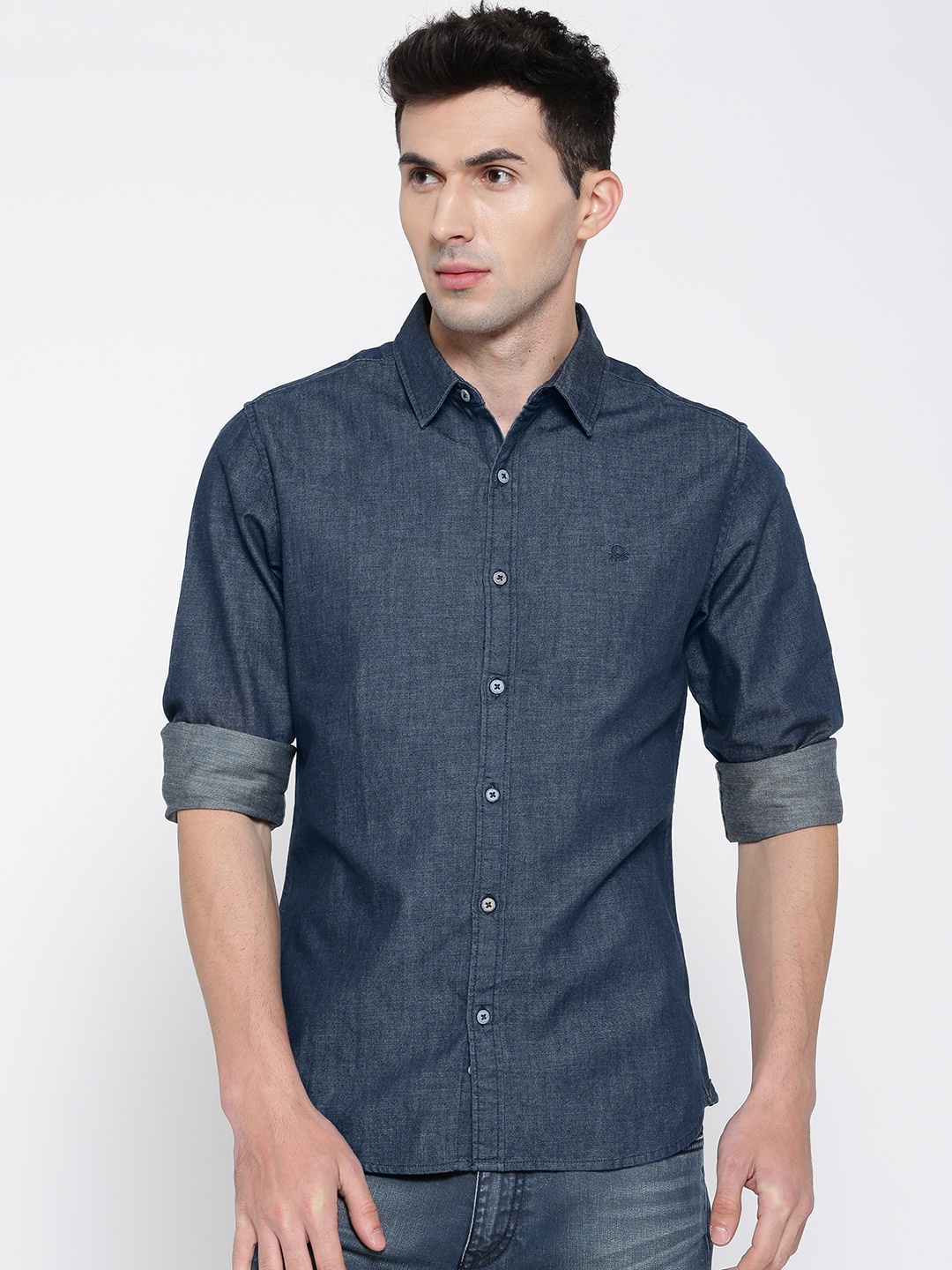 

United Colors of Benetton Men Navy Slim Fit Solid Casual Shirt, Navy blue