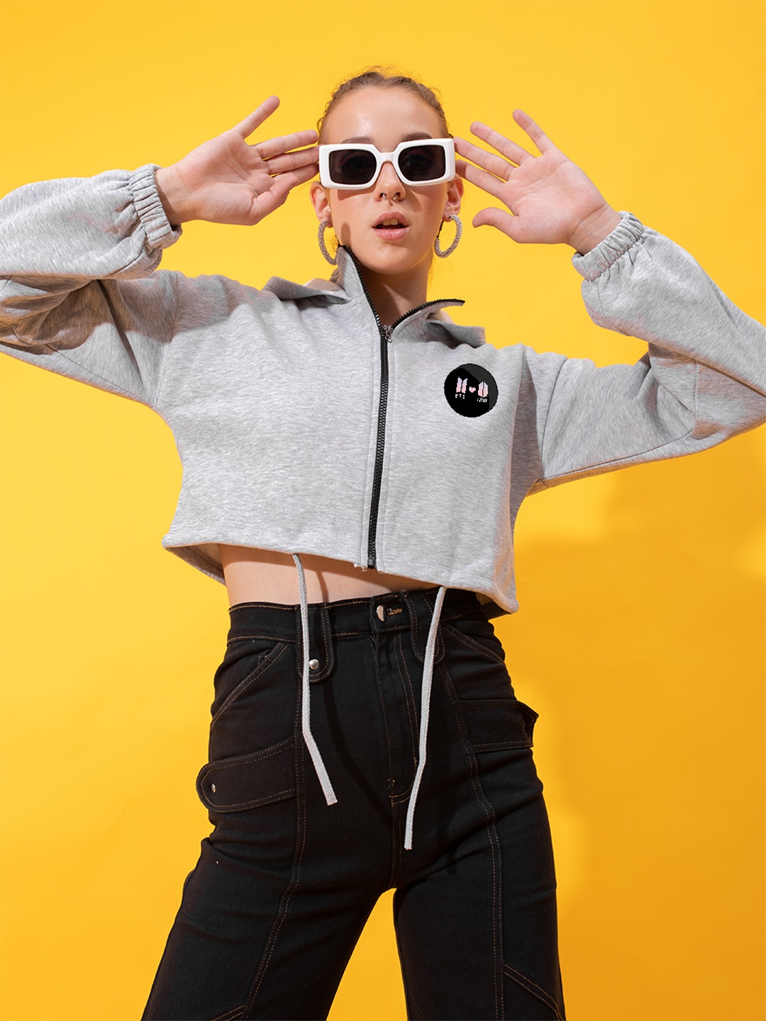 

Stylecast X Hersheinbox Women Grey Melange Cotton Printed Hooded Crop Sweatshirt