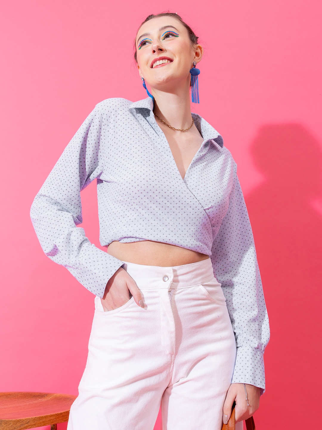 

Stylecast X Hersheinbox Pure Cotton Woven Design Shirt Style Crop Top, Blue