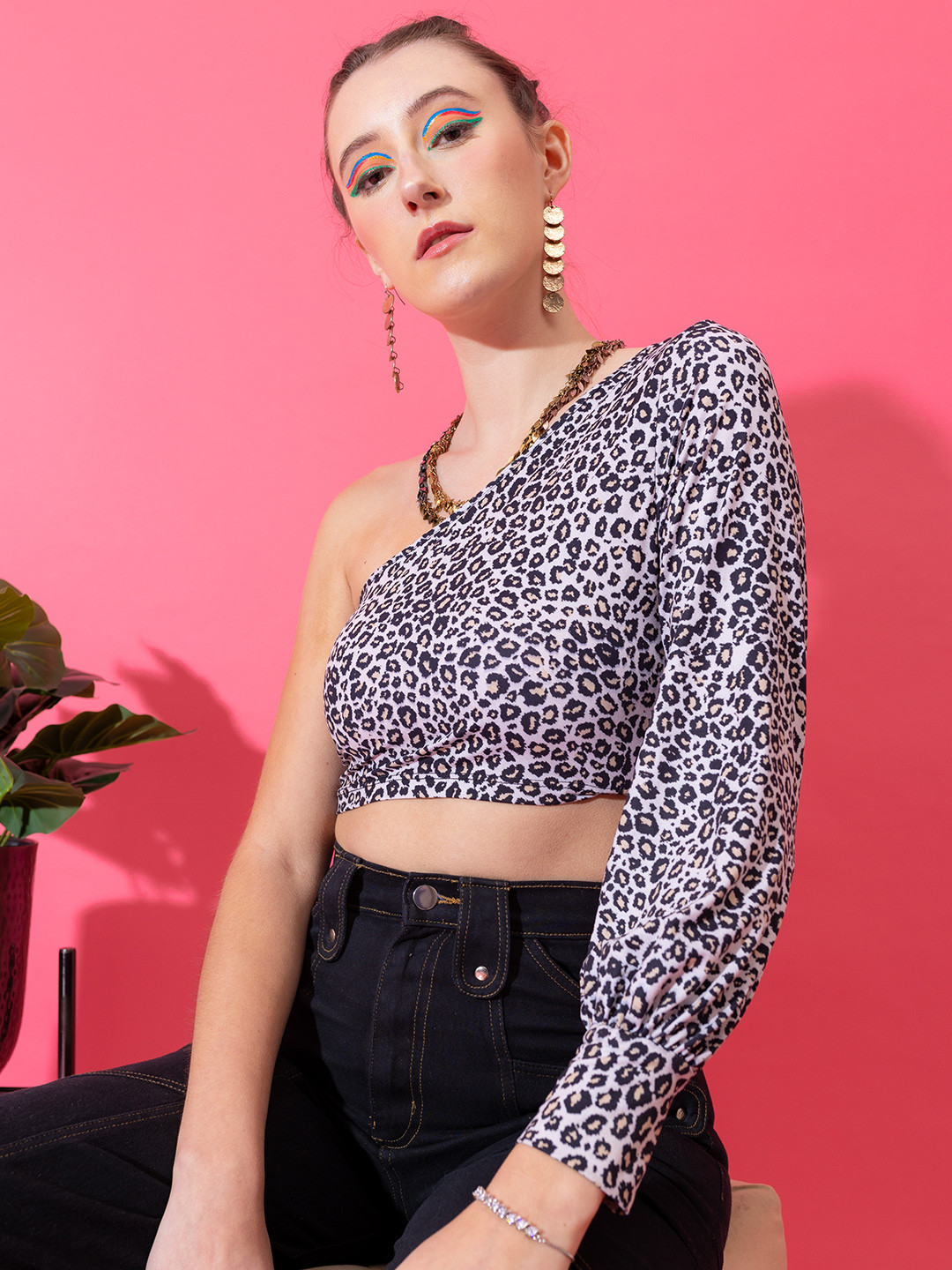 

Stylecast X Hersheinbox Animal Print One Shoulder Crop Top, Black