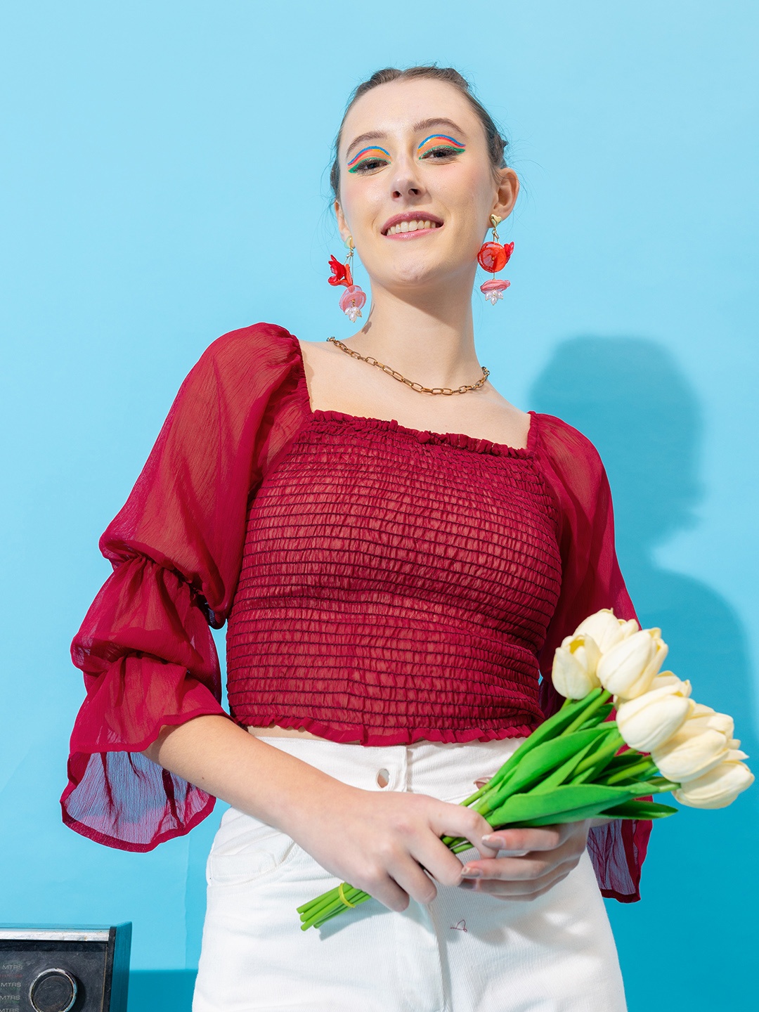 

Stylecast X Hersheinbox Self Design Bell Sleeves Smocked Crop Top, Red