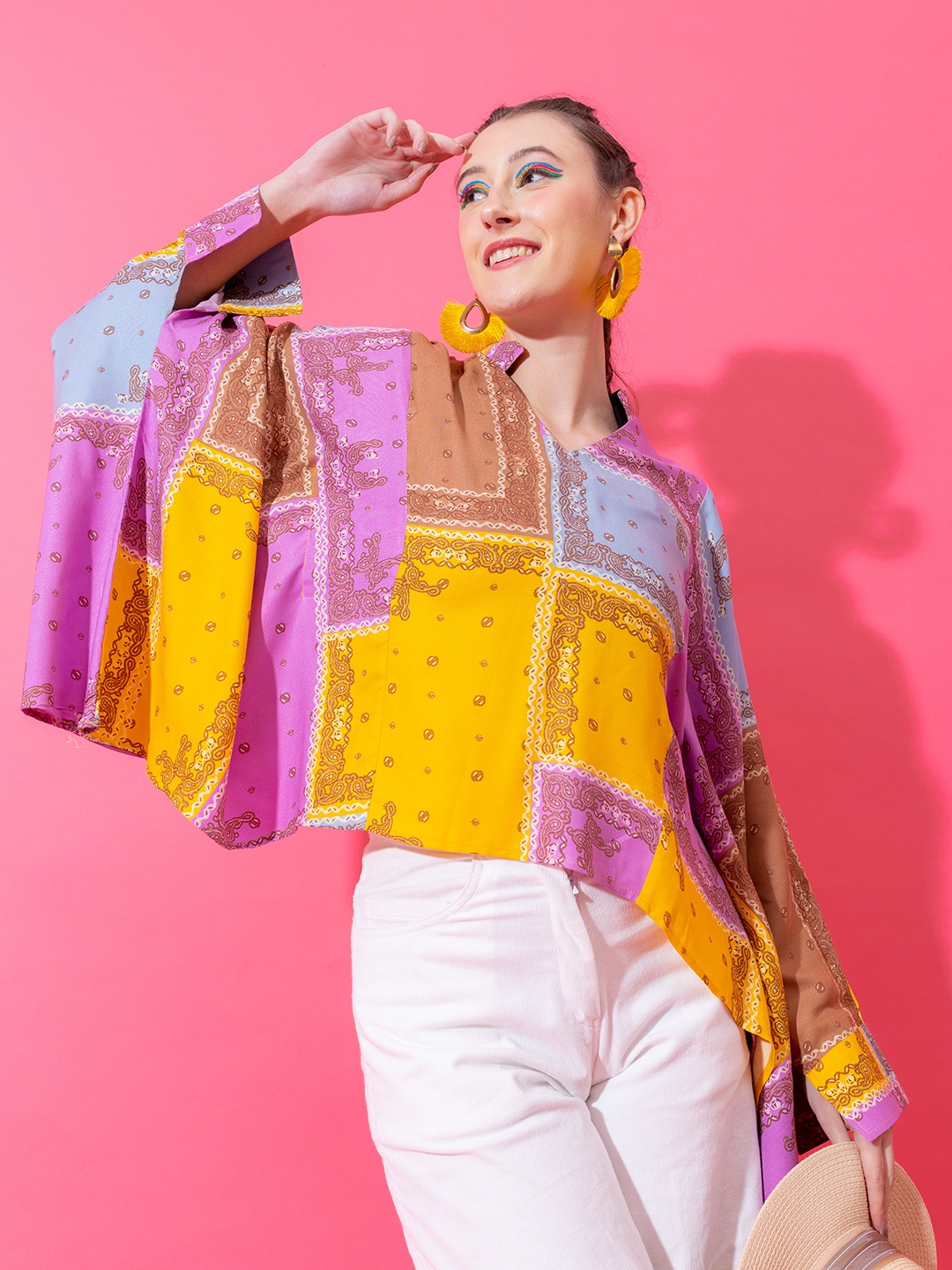 

Stylecast X Hersheinbox Ethnic Motifs Printed Kimono Sleeve Top, Yellow