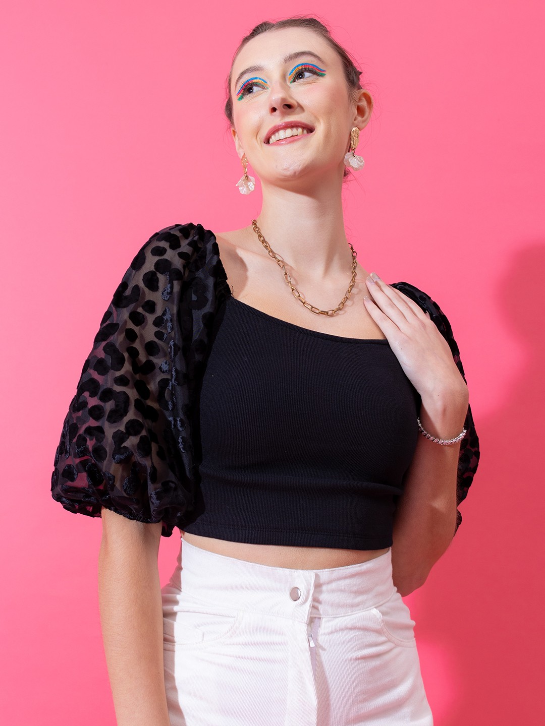 

Stylecast X Hersheinbox Pure Cotton Puff Sleeves Ribbed Crop Top, Black