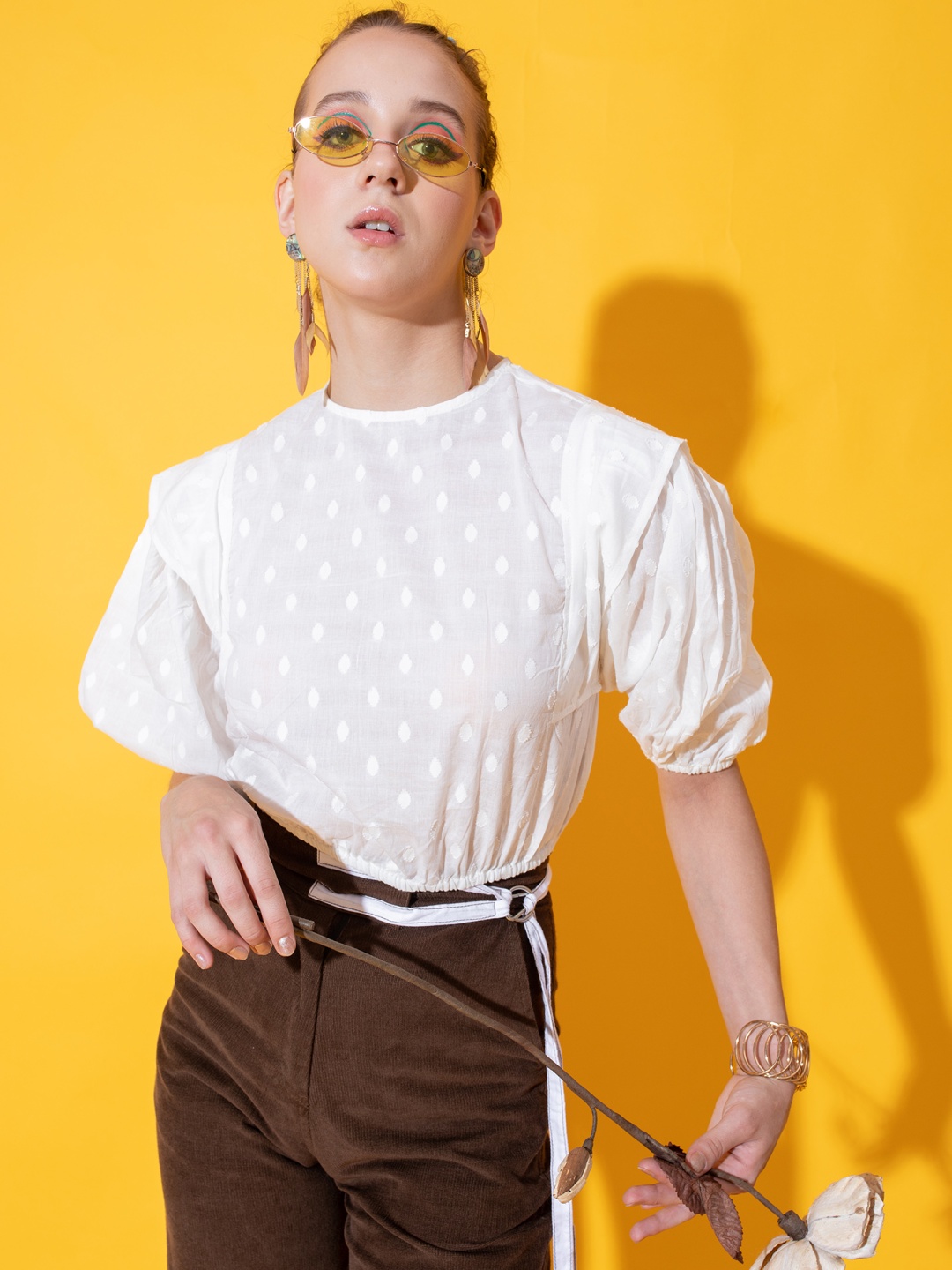 

Stylecast X Hersheinbox Self Design Puff Sleeves Pure Cotton Crop Top, White