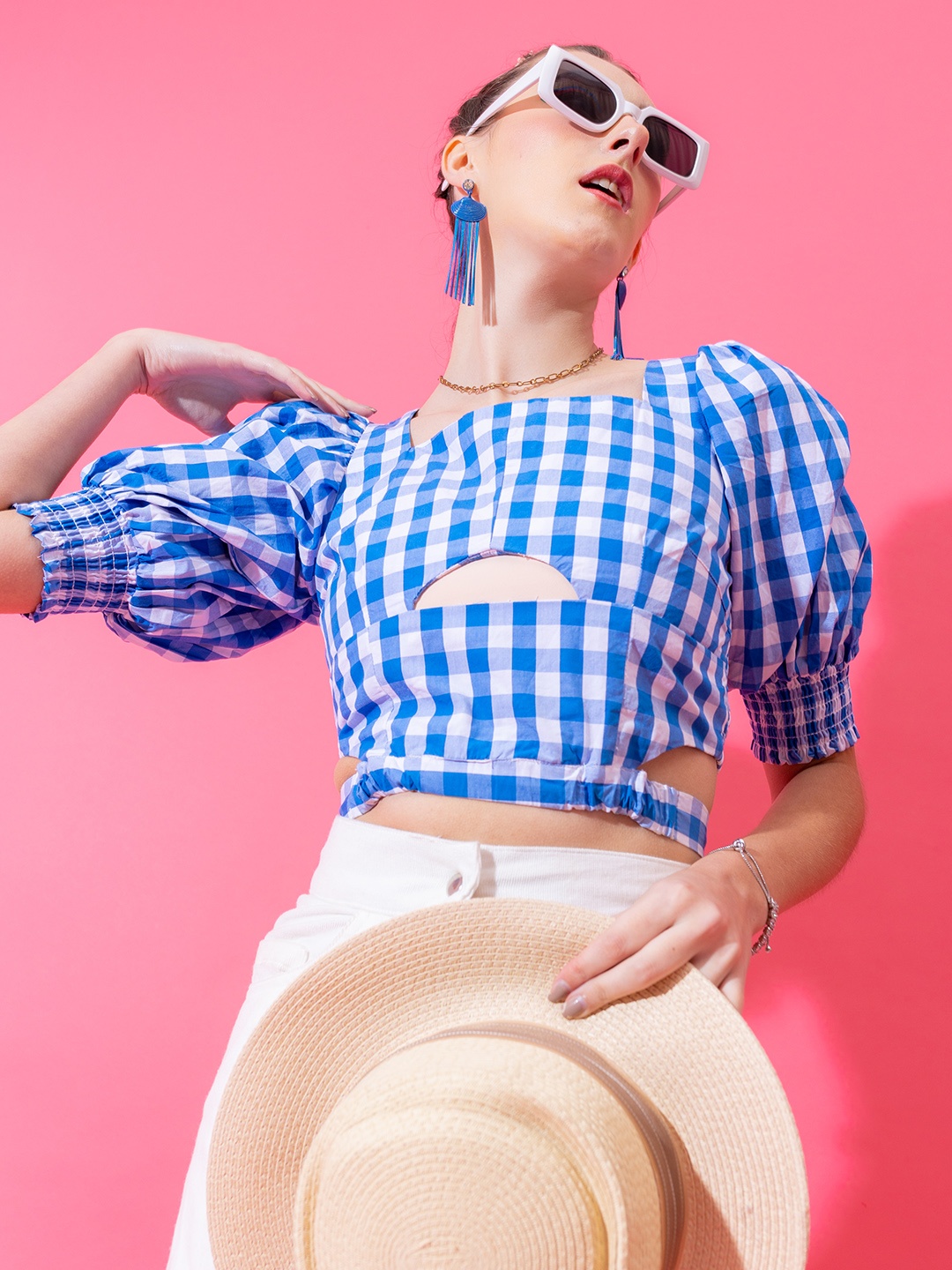 

Stylecast X Hersheinbox Pure Cotton Checked Smocked Crop Top With Cut-Out Details, Blue