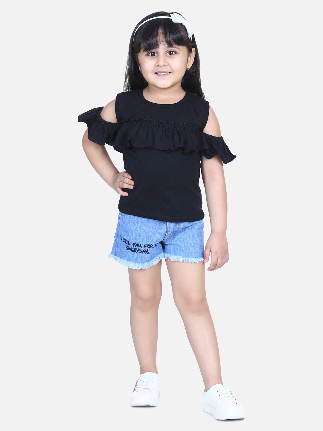 

AWW HUNNIE Kids Girls Black Solid Cold Shoulder Ruffles Top