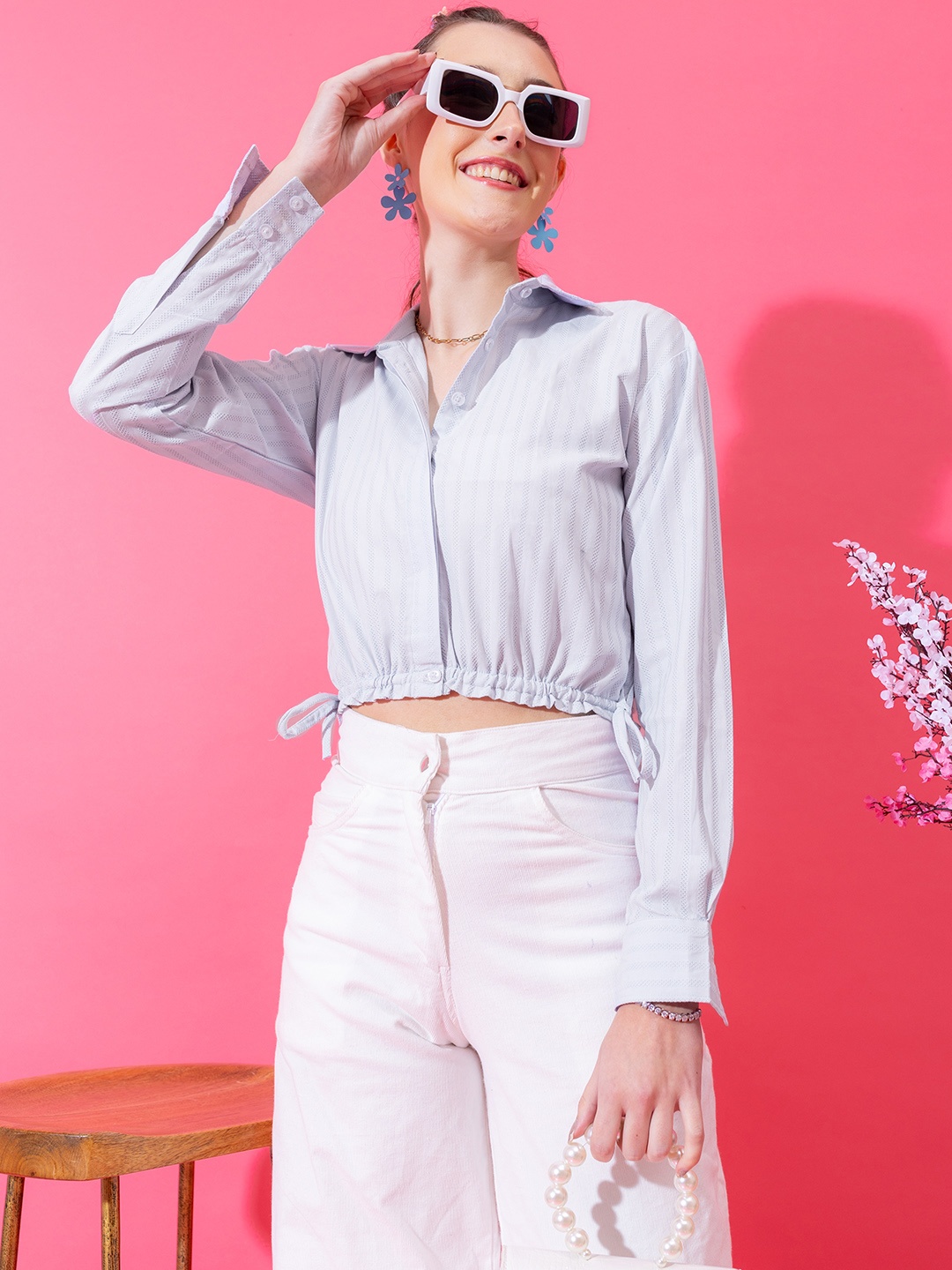 

Stylecast X Hersheinbox Self-Striped Waist Tie-Ups Pure Cotton Shirt Style Crop Top, Blue