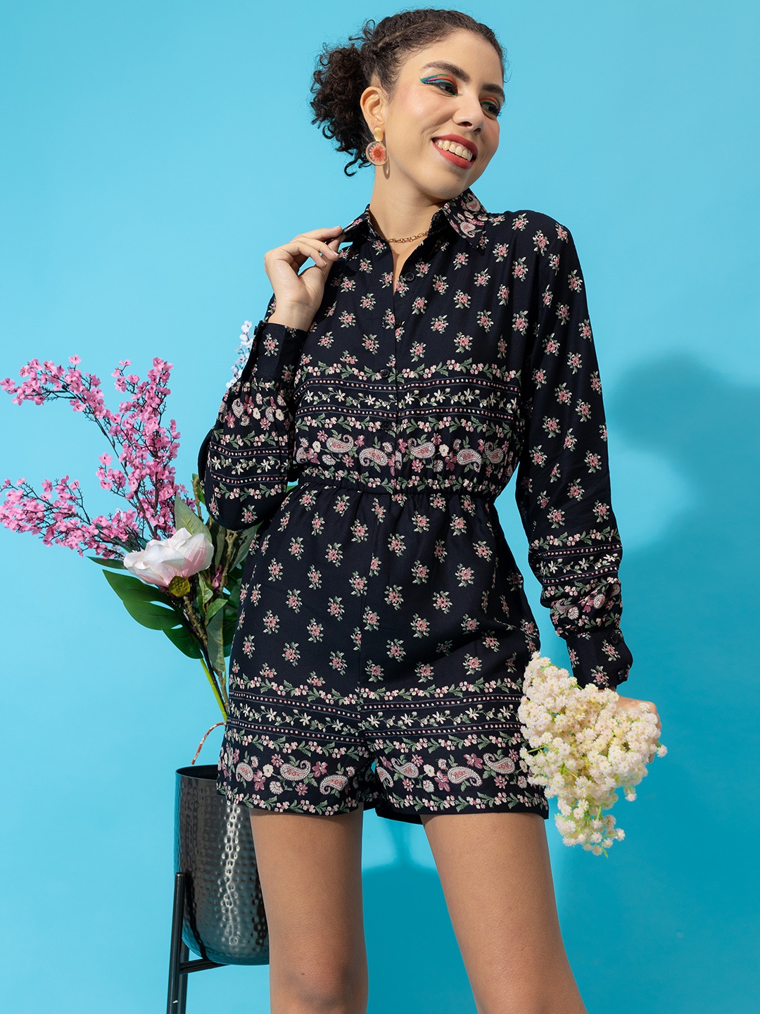 

Stylecast X Hersheinbox Shirt Collar Floral Printed Jumpsuit With Gathers Detail, Black