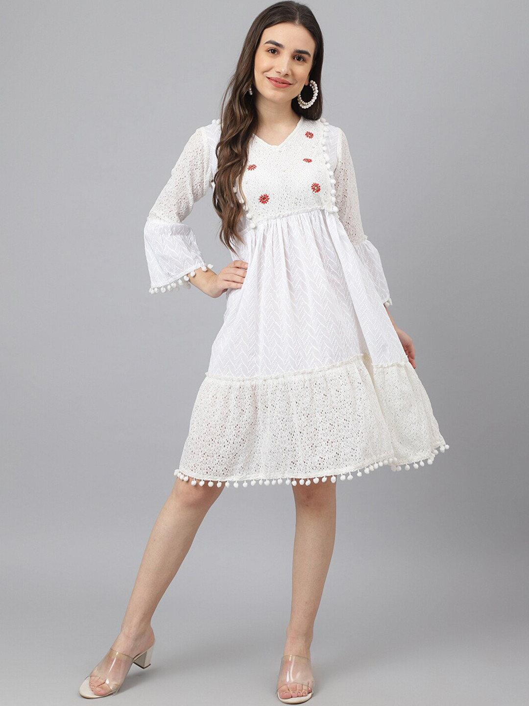 

ADAA JAIPUR Women White Self Design Bell Sleeves Cotton Dress