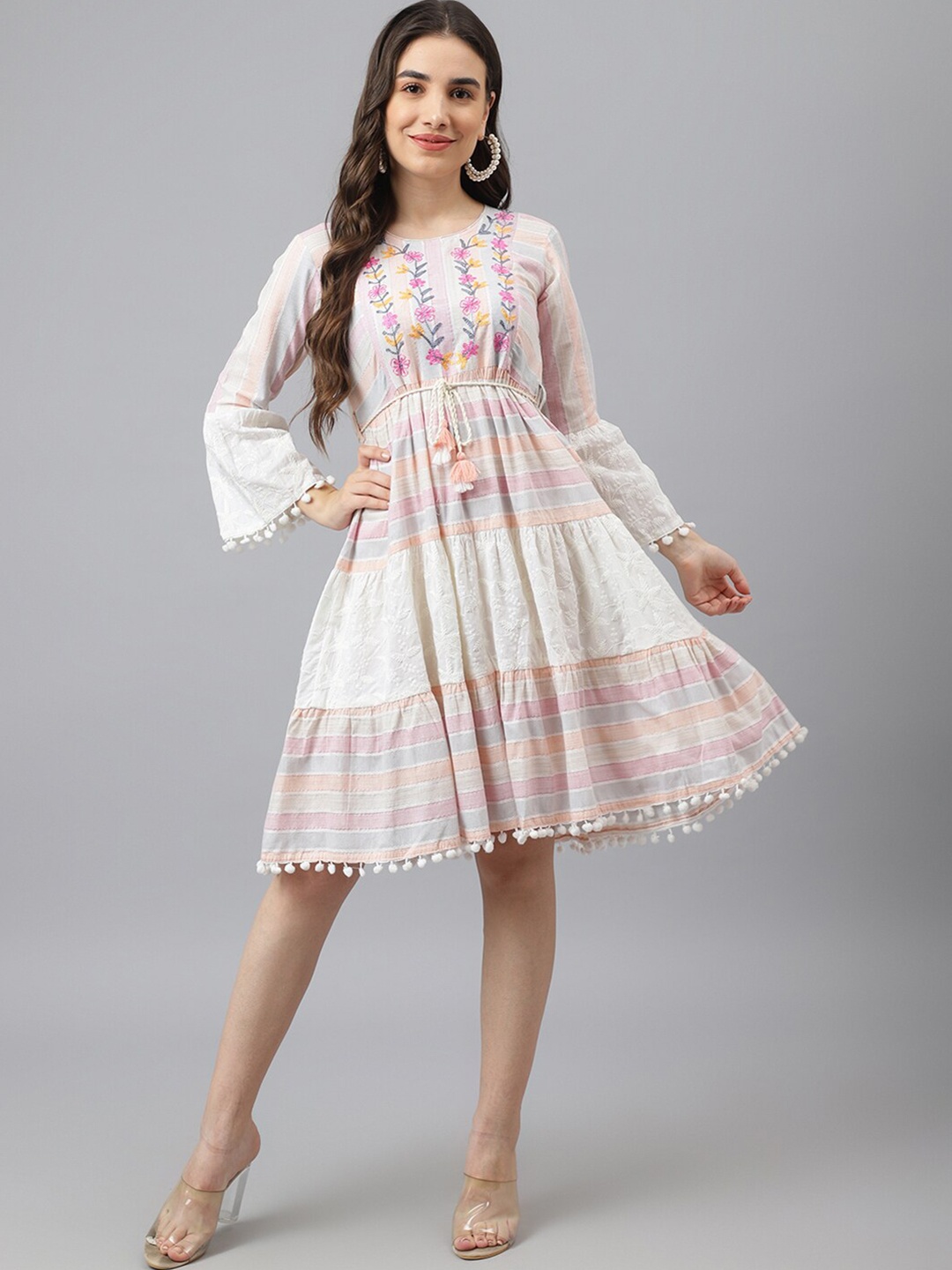 

ADAA JAIPUR Women Off White Floral Embroidered Bell Sleeves Cotton Dress