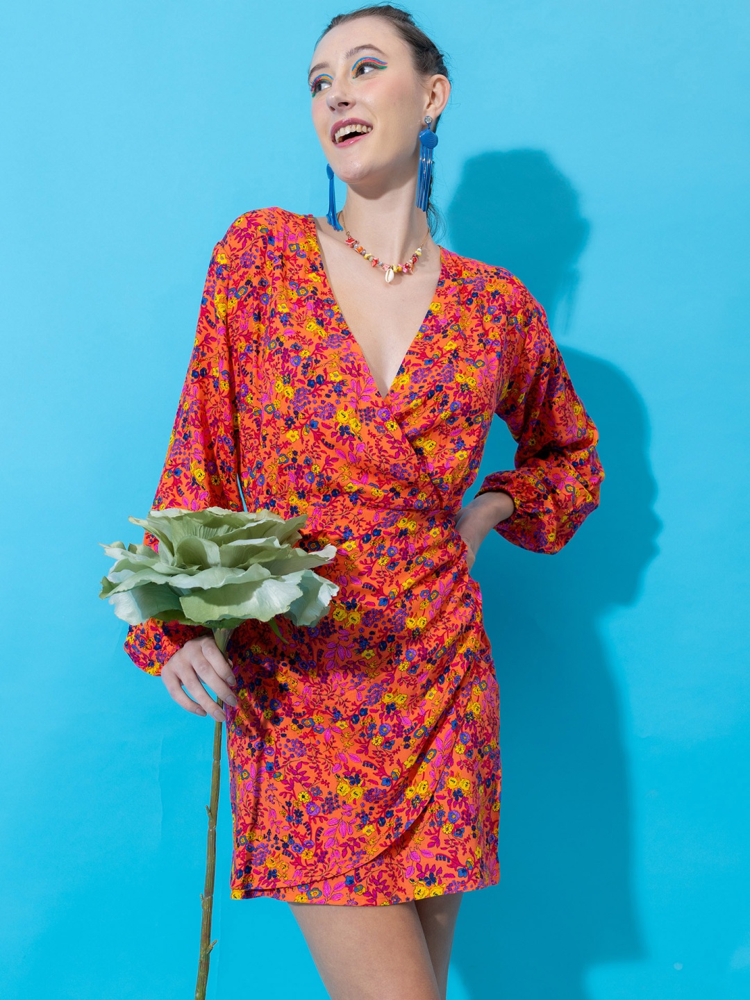 

Stylecast X Hersheinbox Floral Printed V-Neck Wrap Mini Dress, Orange