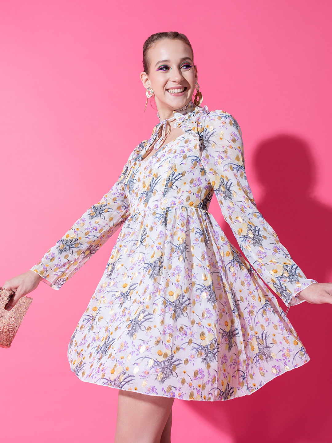 

Stylecast X Hersheinbox Floral Ruffles Tie-Up Neck A-Line Mini Dress, Off white
