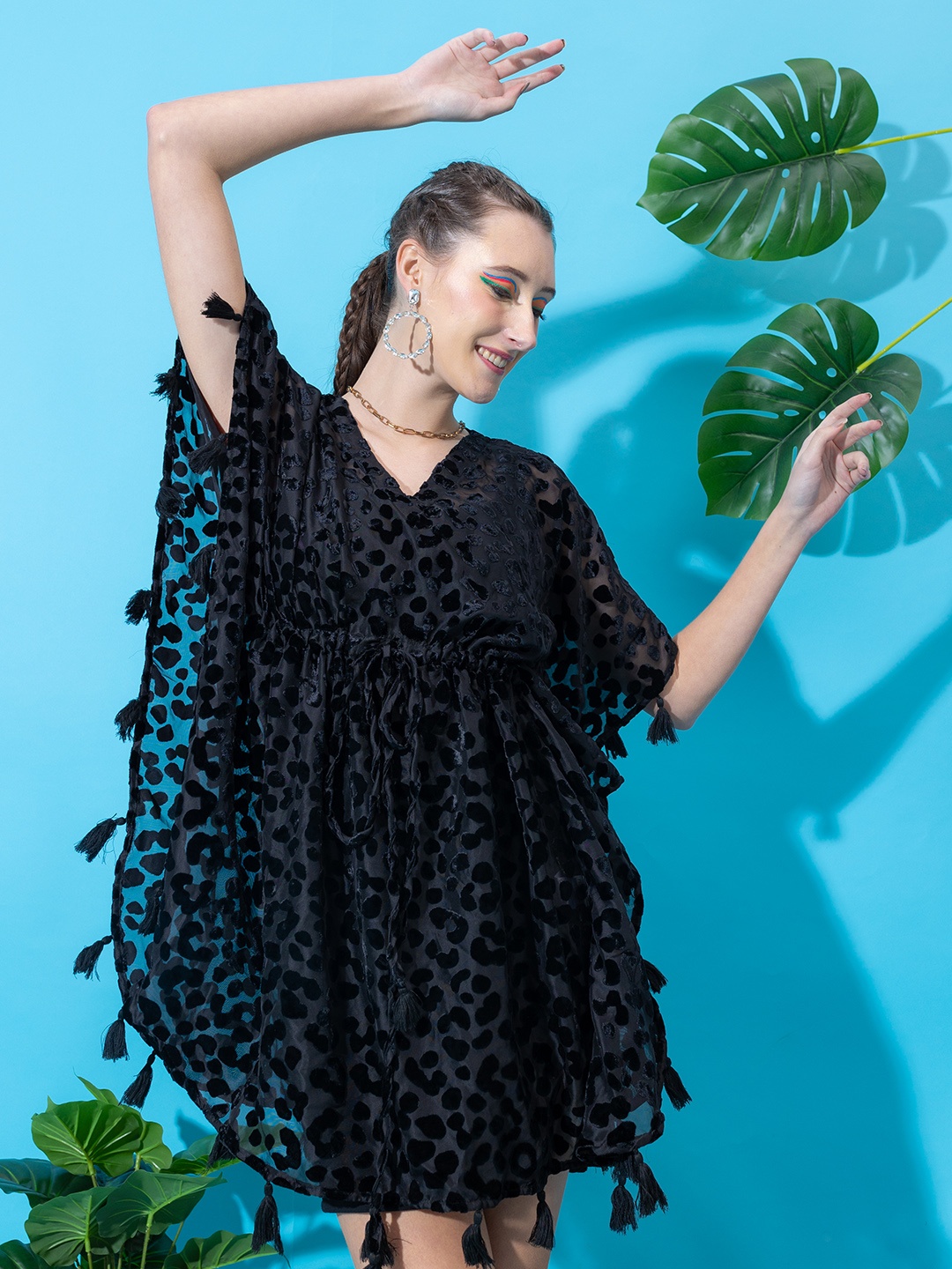 

Stylecast X Hersheinbox Animal Self Design Tassel Detail Semi Sheer Kaftan Dress, Black