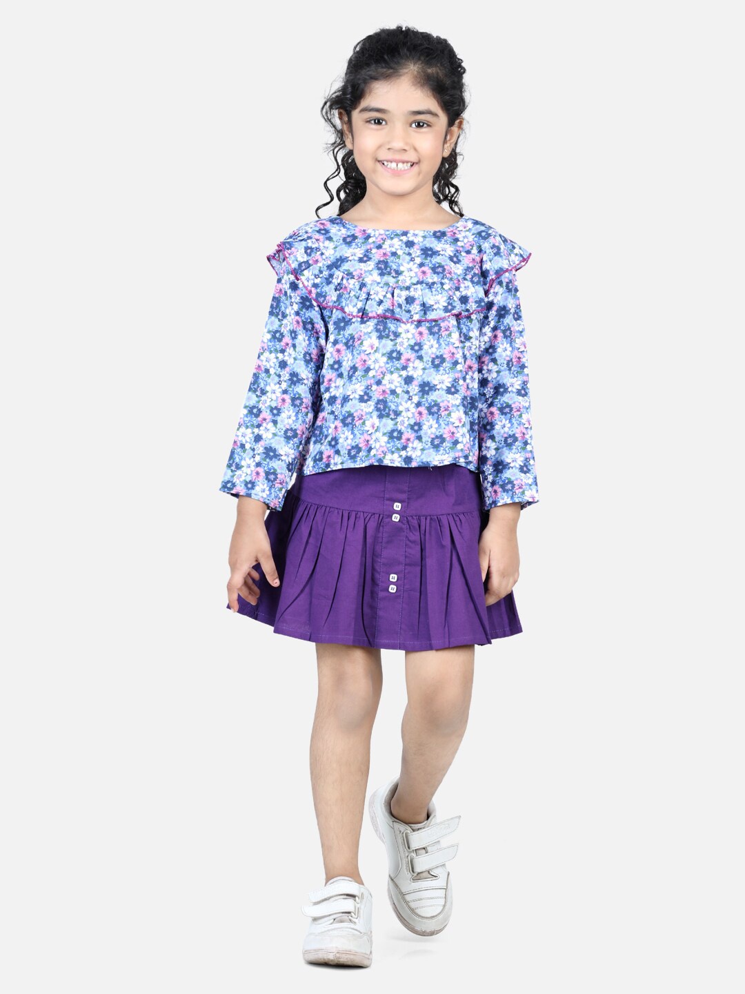 

AWW HUNNIE Girls Blue & Purple Floral Printed Pure Cotton Top with Skirt