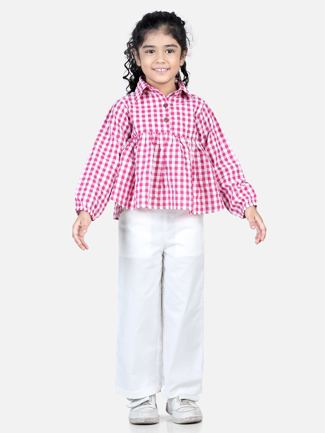 

AWW HUNNIE Girls Pink & White Checked Pure Cotton Shirt with Trousers