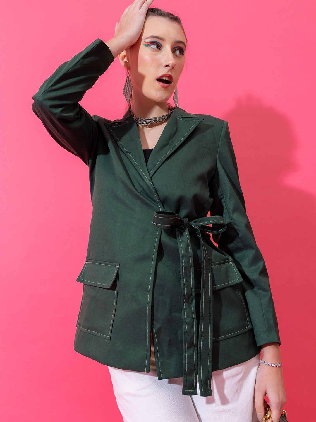 

Stylecast X Hersheinbox Bottle Green Tie-Up Detail Single Breasted Blazer