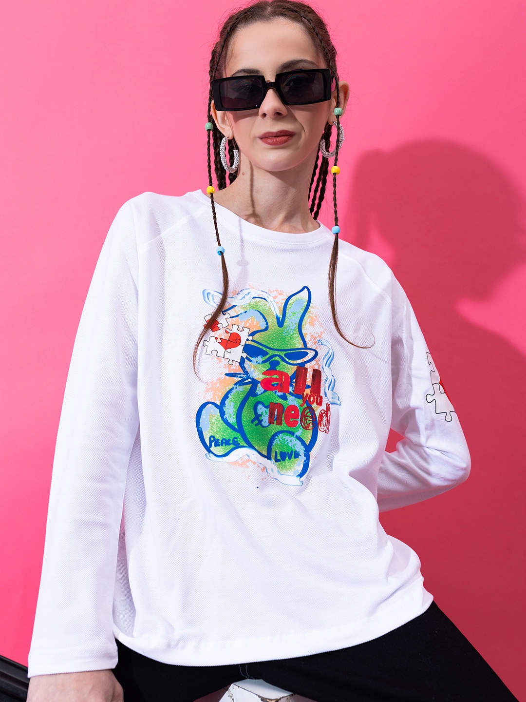 

Stylecast X Hersheinbox Women Pure Cotton Long Sleeves Graphic Printed T-shirt, White