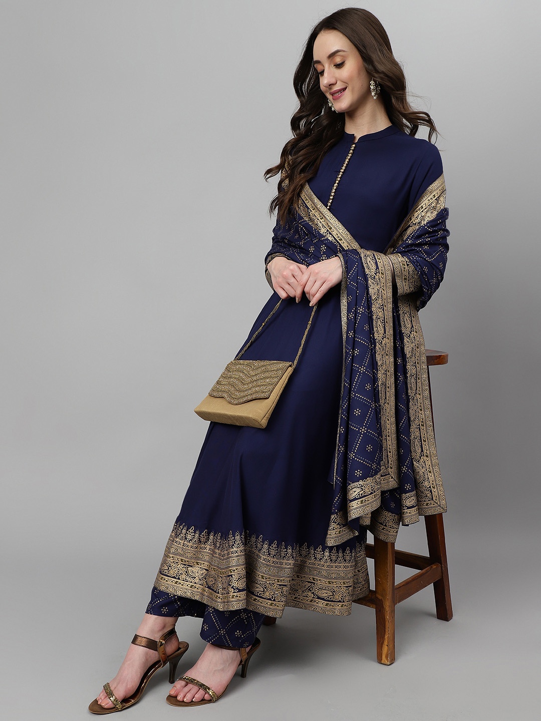 

Khushal K Women Blue Ethnic Motifs Printed Kurta with Palazzos & Dupatta