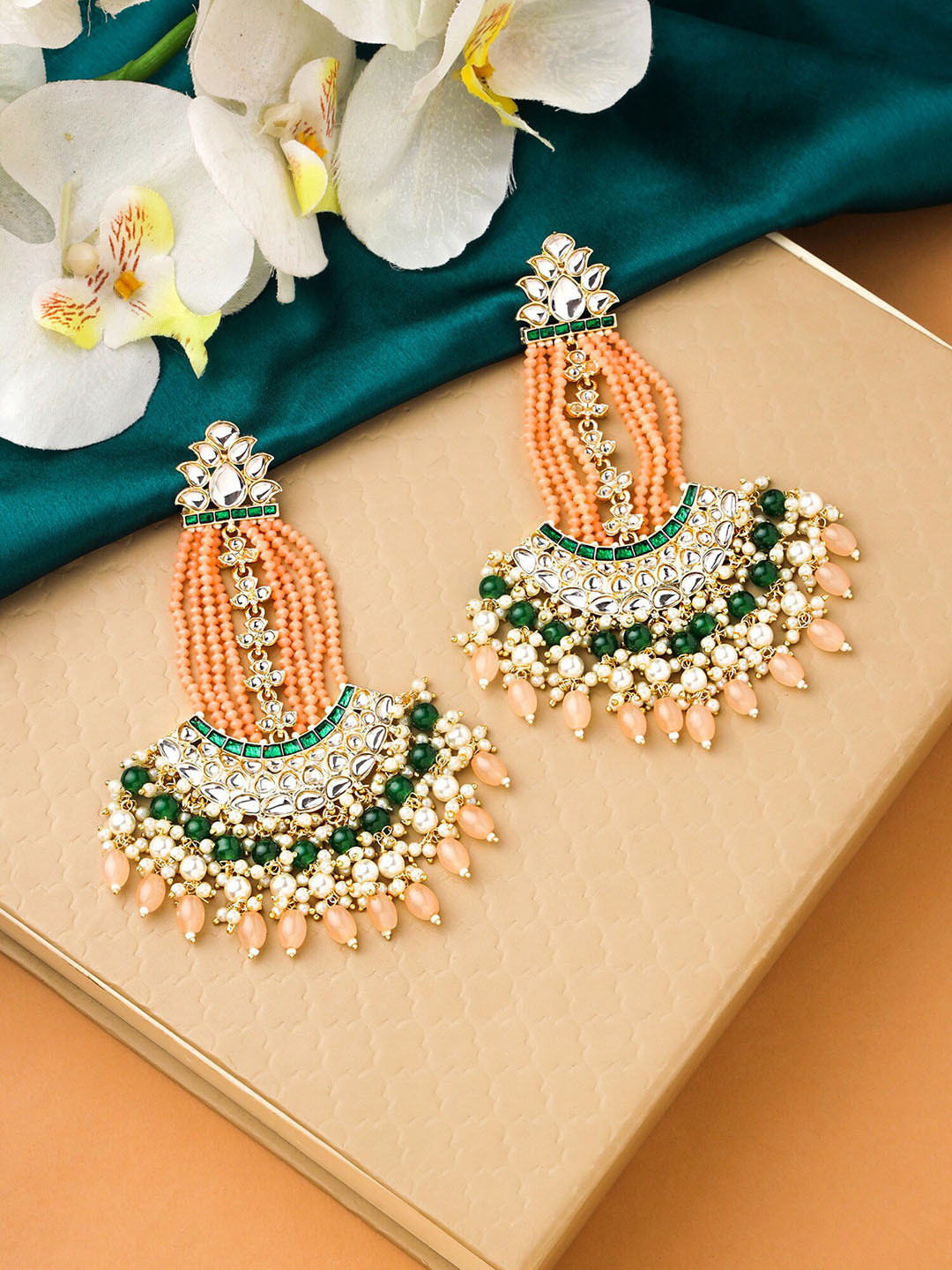 

Yellow Chimes Women Peach & Green Kundan Studded Gold Plated Chandbalis Earrings