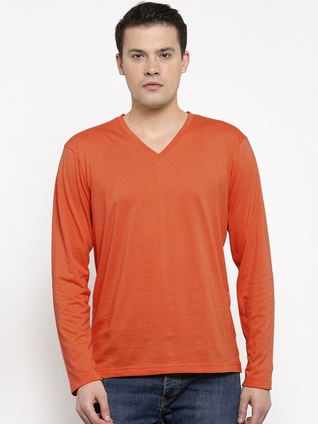 

Friskers Men Rust V-Neck Pure Cotton T-shirt