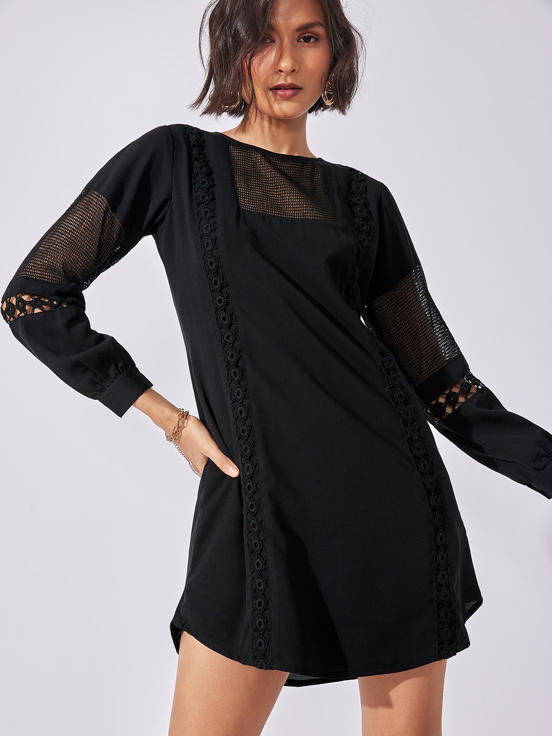 

The Label Life Three-Quarter Sleeves Round Neck A-Line Dress, Black