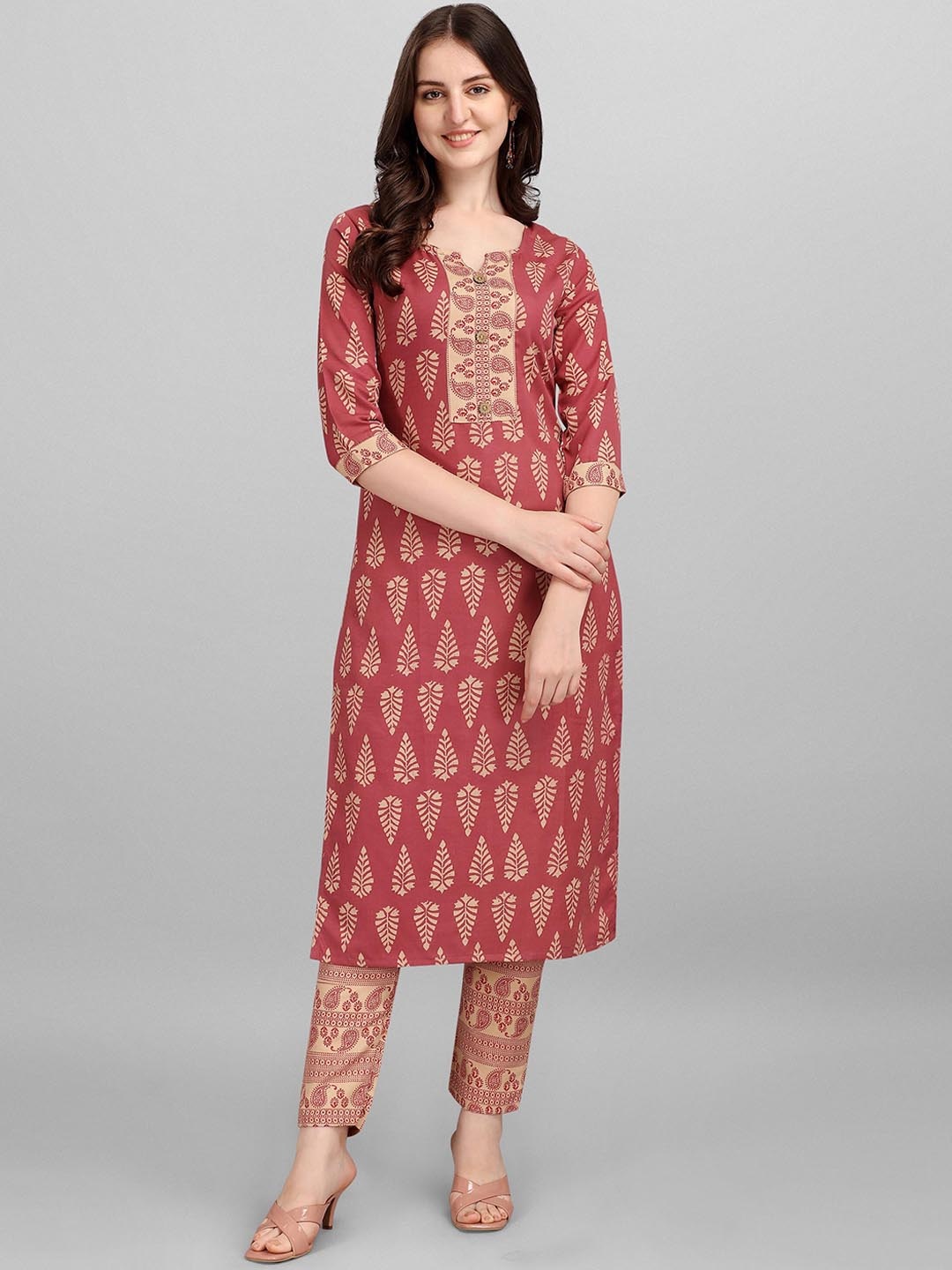 

KALINI Women Rust Printed Pure Cotton Kurta with Trousers