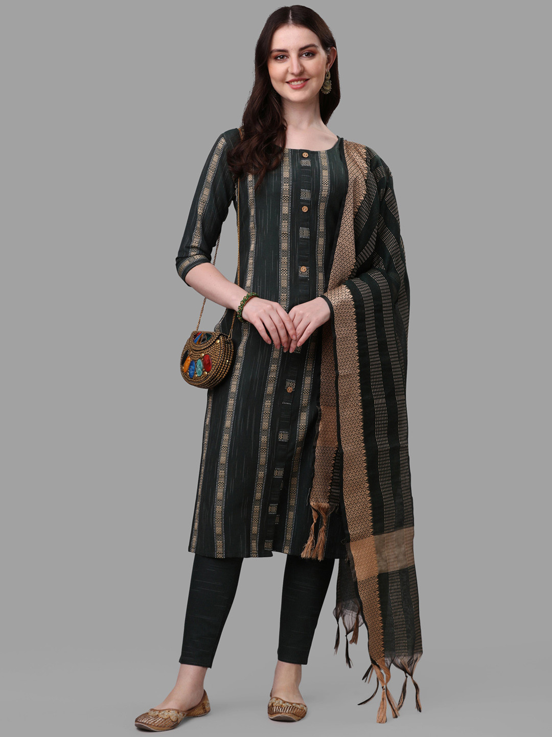 

KALINI Women Green Striped Pure Cotton Kurta with Trousers & With Dupatta