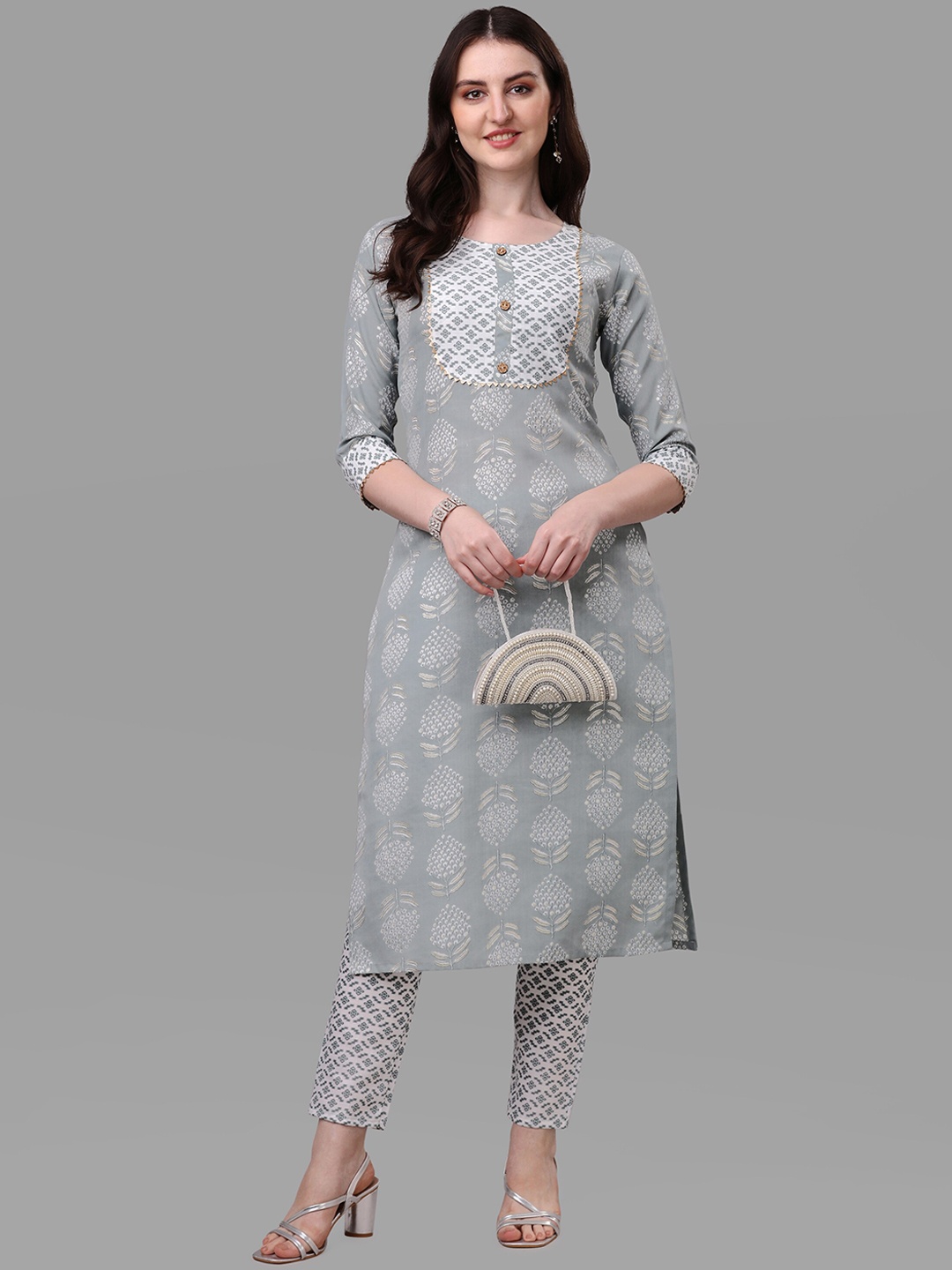 

KALINI Women Grey Ethnic Motifs Printed Pure Cotton Kurta with Trousers