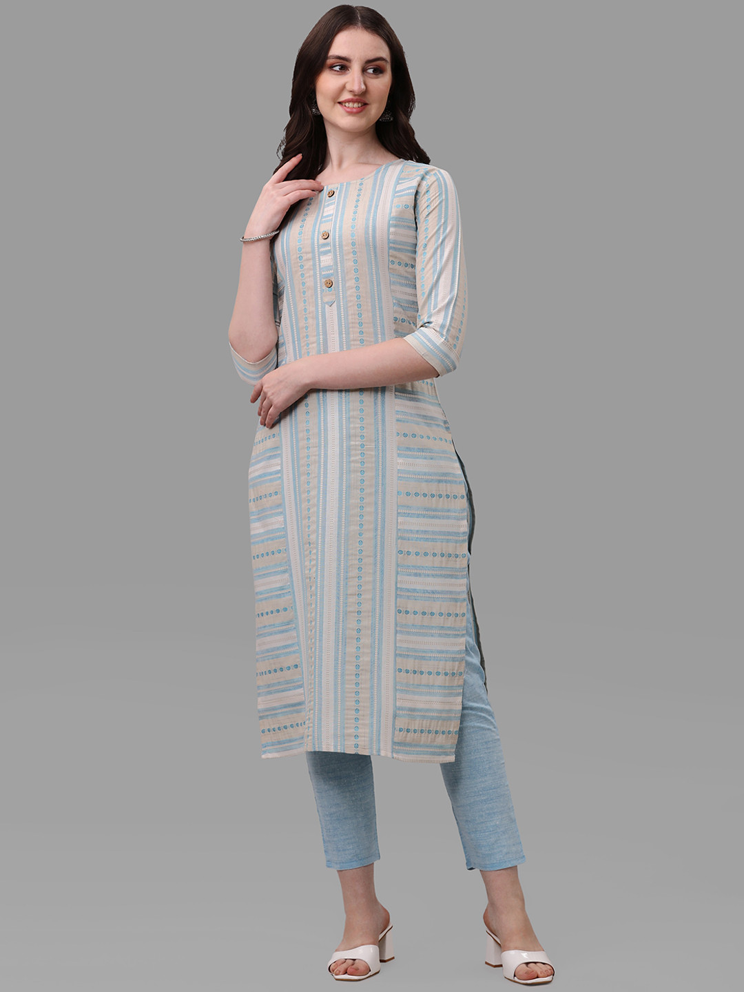 

KALINI Women Blue Printed Thread Work Pure Cotton Kurta with Trousers