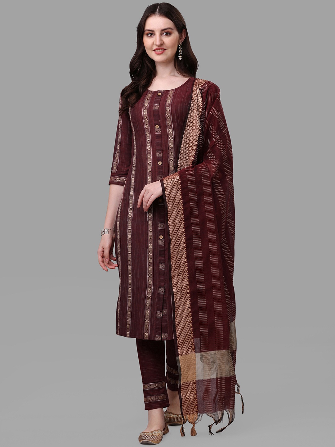 

KALINI Women Maroon Striped Kurta with Trousers & With Dupatta