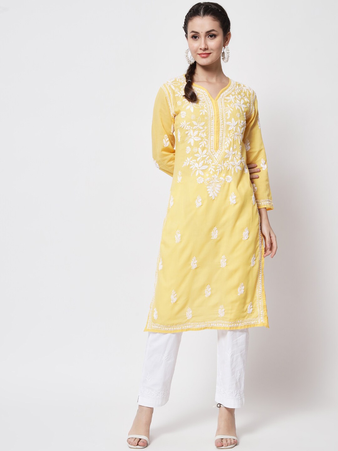 

PARAMOUNT CHIKAN Women Yellow Women Chikankari Hand Embroidered Straight Kurta