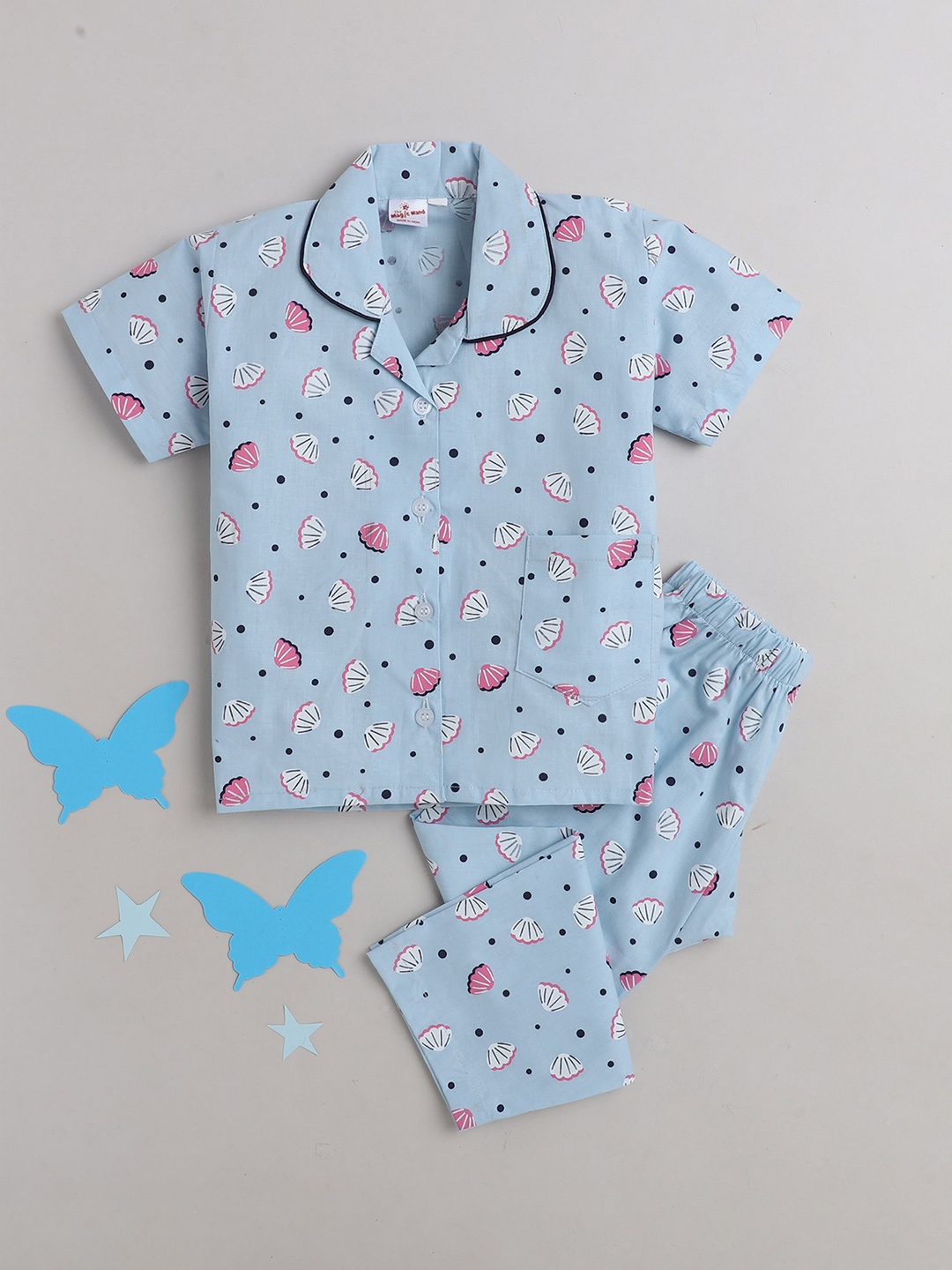 

The Magic Wand Kids Blue & Pink Floral Printed Pure Cotton Night suit