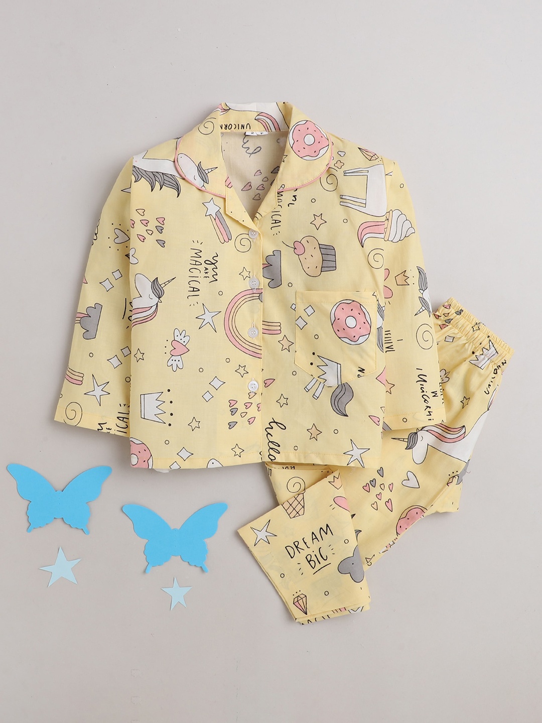 

The Magic Wand Kids Yellow & White Conversational Printed Pure Cotton Night suit