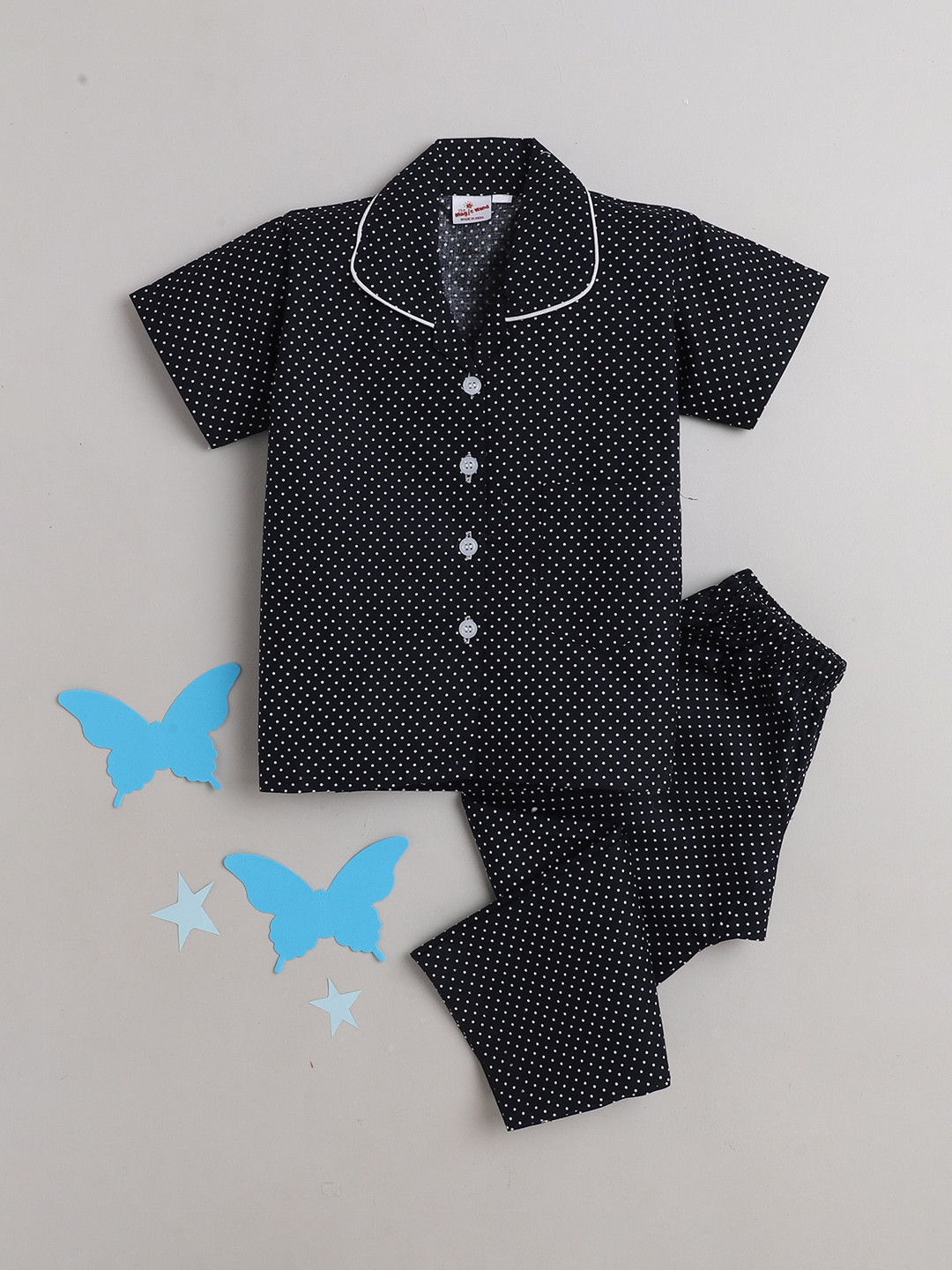 

The Magic Wand Kids Navy Blue & White Polka Dots Printed Pure Cotton Night suit
